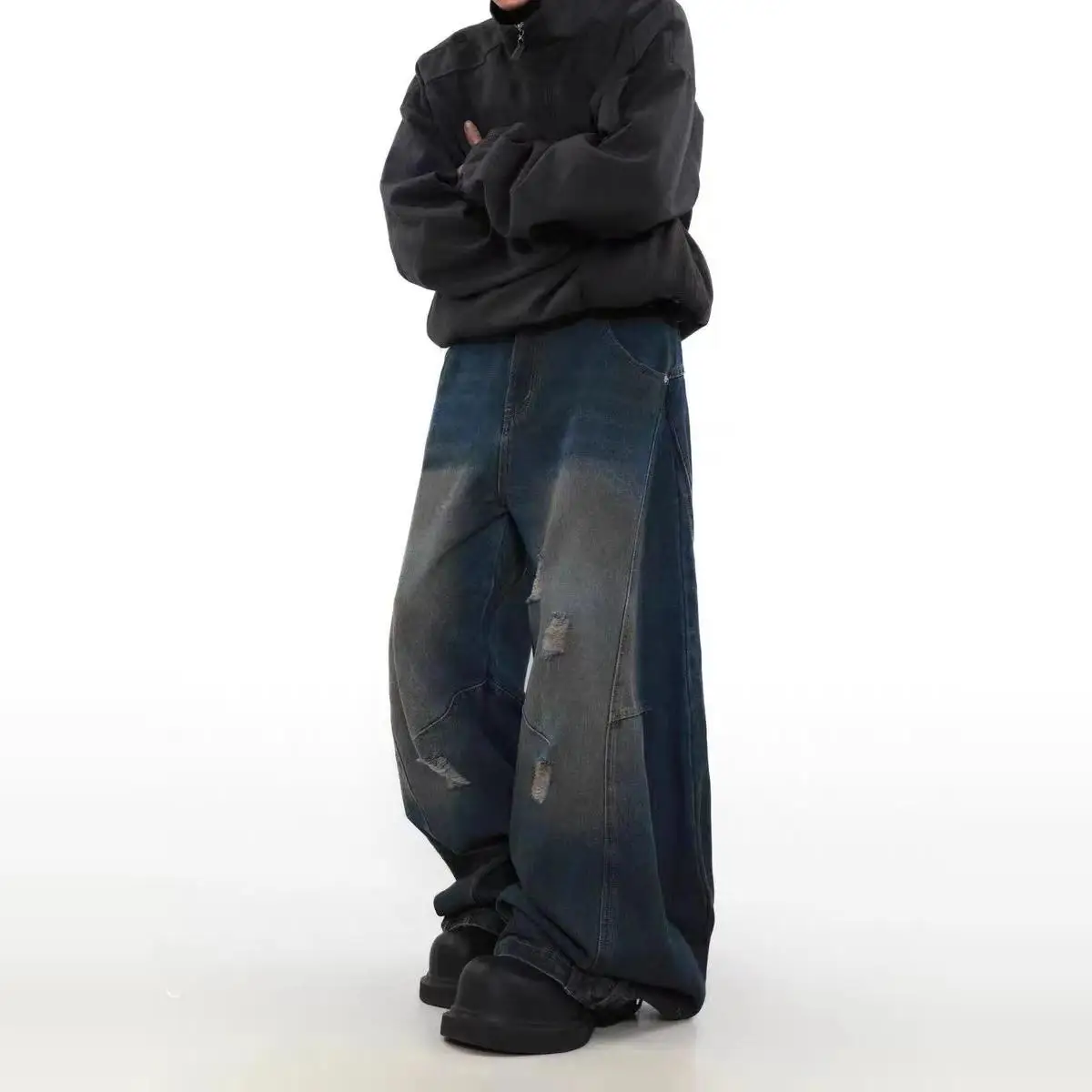 

Ретро, большой размер 300, американские прямые джинсы с отверстиями, мужские свободные широкие длинные брюки длиной до пола