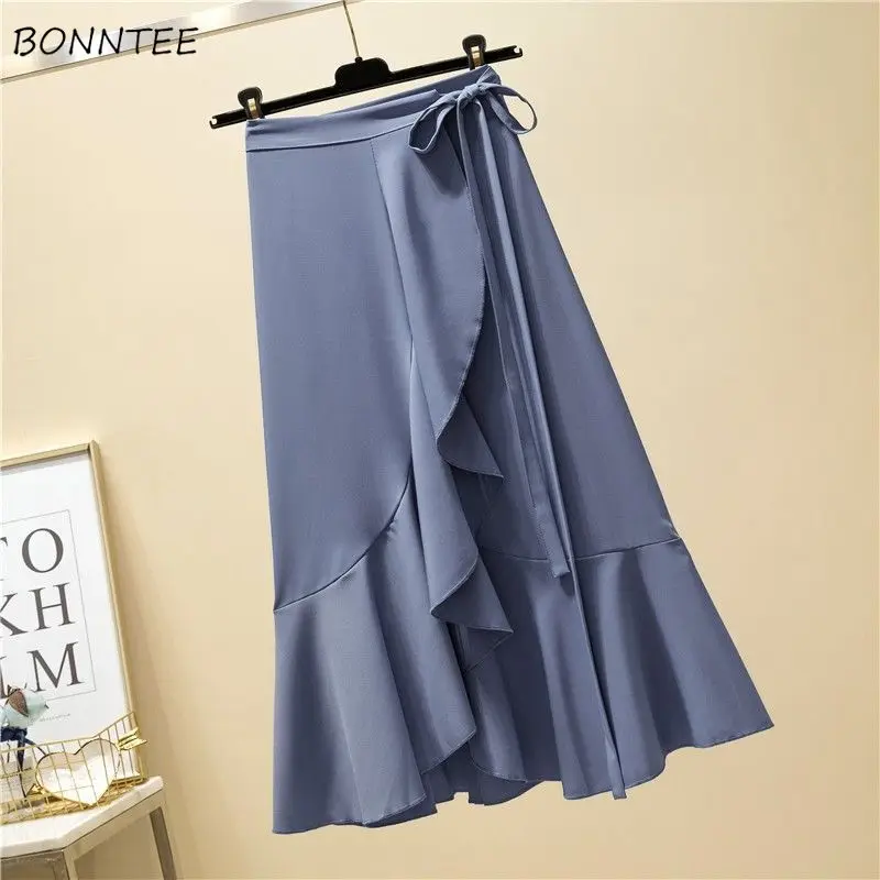 

5 Colors Skirts Women Trumpet Midi Ruffles Irregular High Waisted Office Elegant Sweet Girlish Fashion Retro Mujer Faldas Young