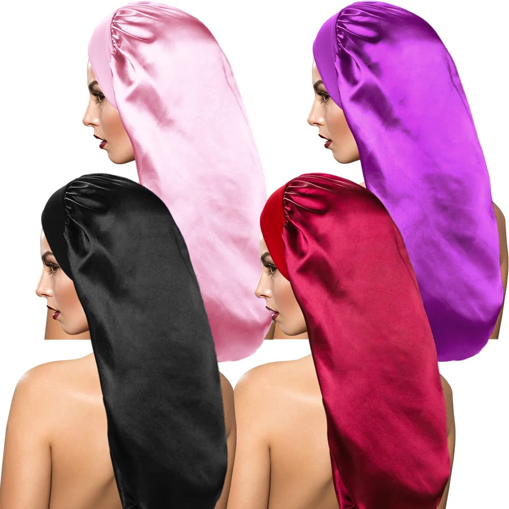 

Women's Fashion Bonnet Solid Color Long Tail Soft Silk Smooth Fabric Wide Edge Elastic Home Casual Bedroom Sleeping Hat