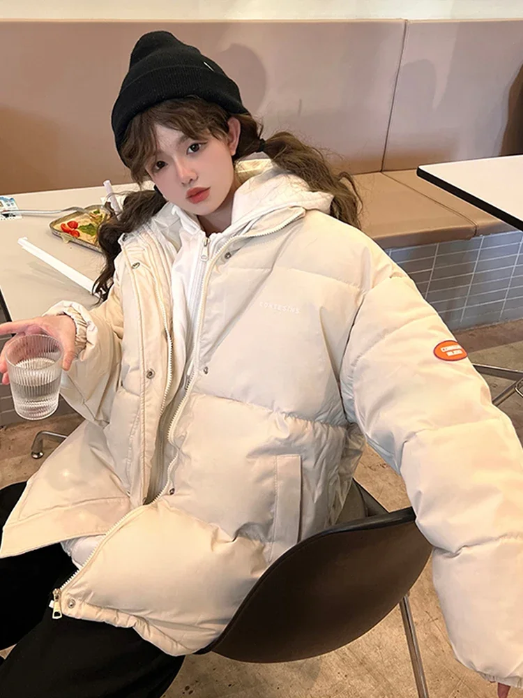 Women Korean Style Long Sleeve Oversize Winter Clothes 2024 New Jacket Short Parkas Hooded Solid Color Down Cotton Coat