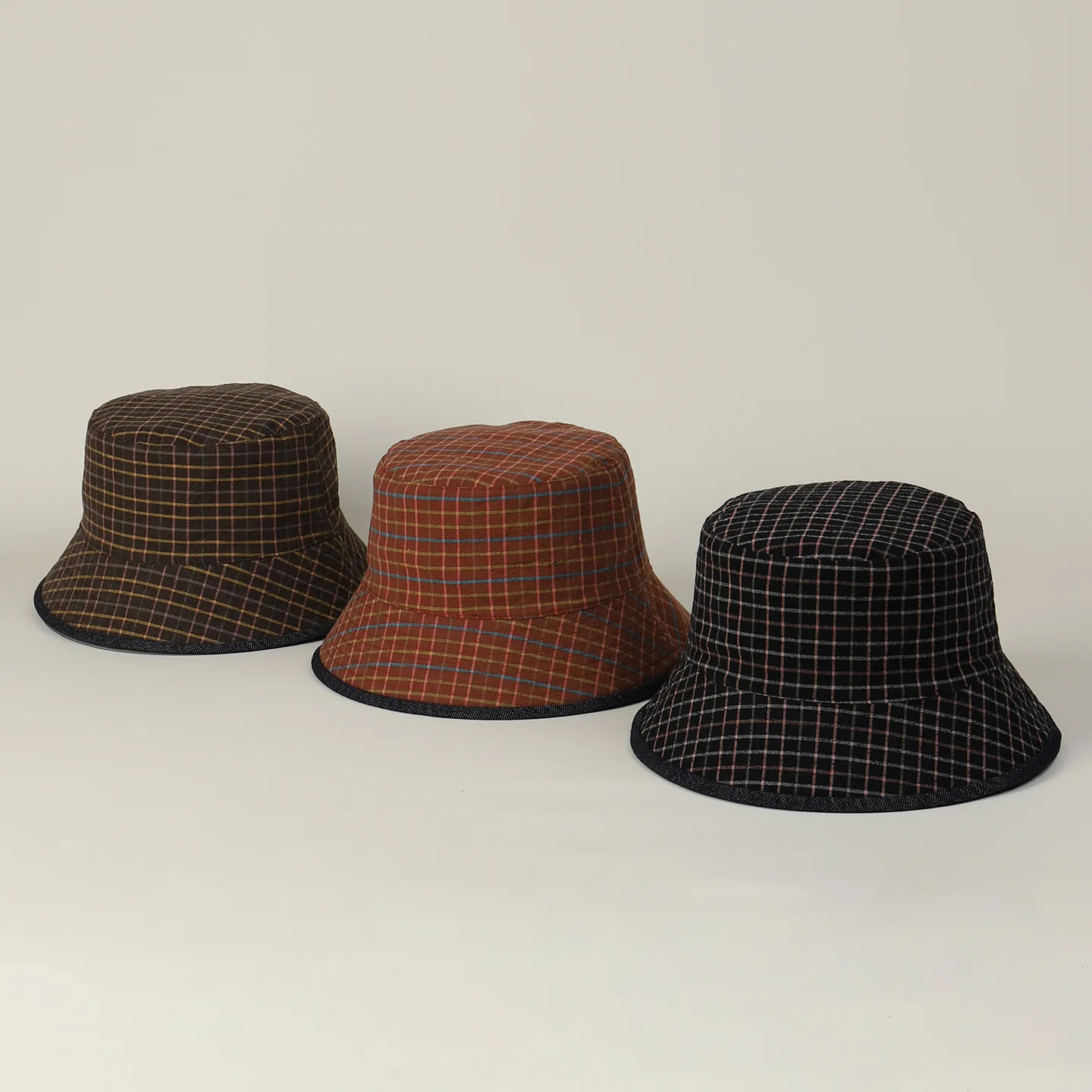 Spring Autumn Reversible Denim Bucket Hat Men Women Vintage Plaid Check Fisherman Cap Retro Casual Two-Side Wear Basin Hat
