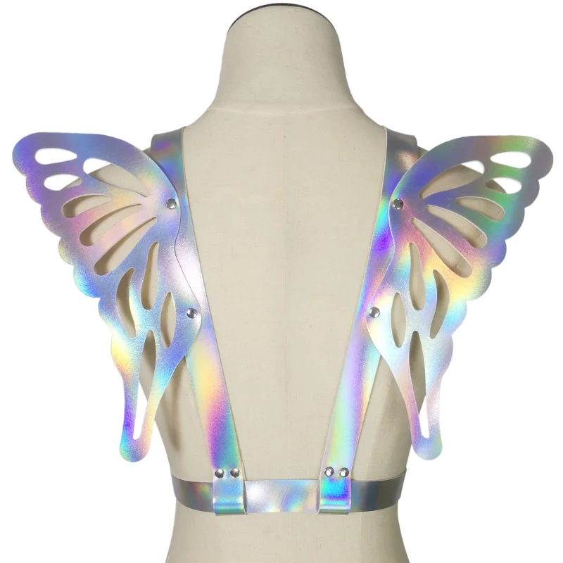 Decopunk Punk Gothic Night Club PU Leather Angel Butterfly Wings Suspenders Laser A Surname Reflect Bind Body Strap Shoulder