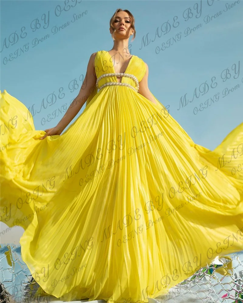 OEING Yellow Prom Dresses Sexy Deep V Neck Ruffles Tiered Pleated Cape Sleeves Evening Gowns With Belt Formal Party Dress