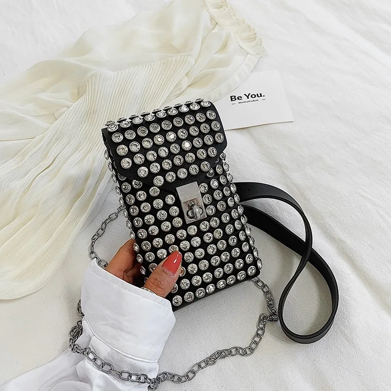 Luksusowy pokryty kryształami damski telefon saszetki na pas odpinany pas biodrowy ze skóry PU łańcuszek na buty opakowanie torba na ramię Crossbody