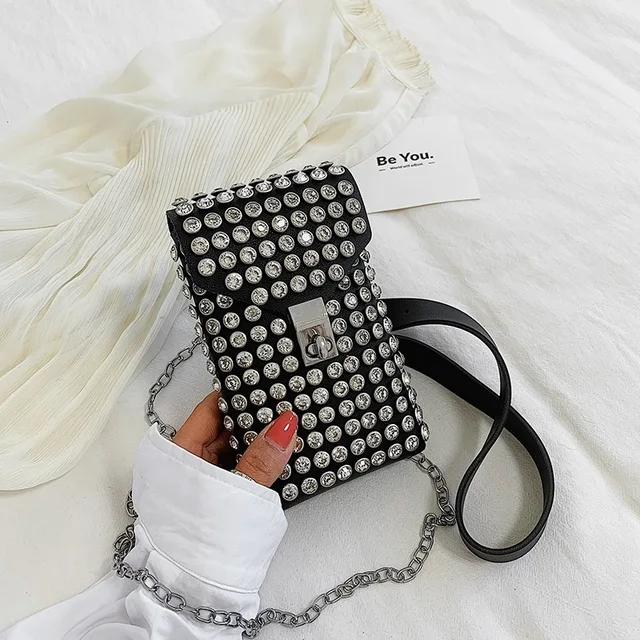 Luksusowy pokryty kryształami damski telefon saszetki na pas odpinany pas biodrowy ze skóry PU łańcuszek na buty opakowanie torba na ramię Crossbody