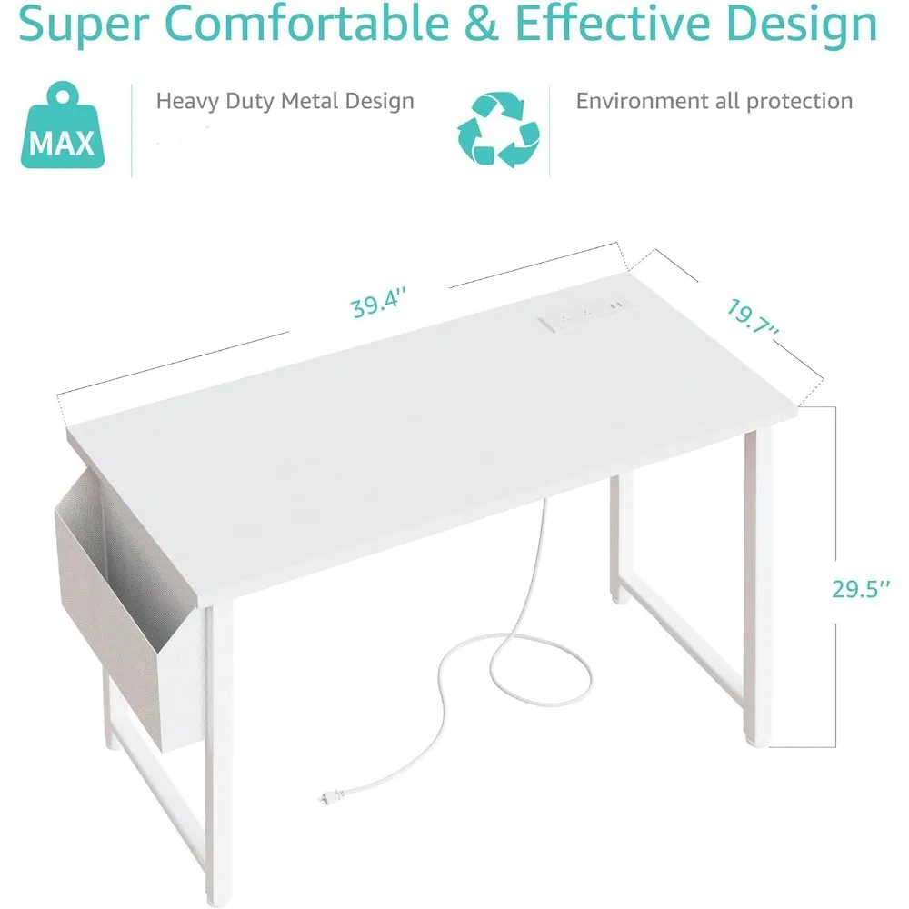 طاولة دراسة للمراهقين مقاس 40 بوصة مع مخرج طاقة - مكتب كتابة بسيط لعمل المكتب المنزلي لمحطة الشحن