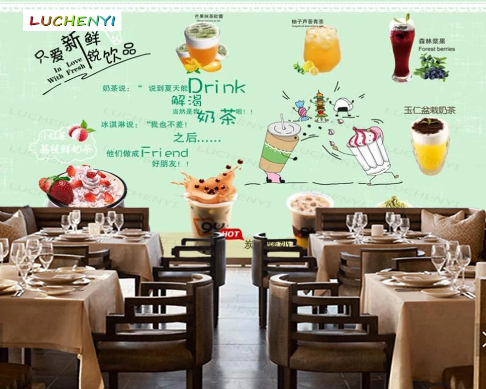 Papel de parede custom green style milk tea 3d wallpaper mural,drink restaurant juice shop dining room wall papers sticker