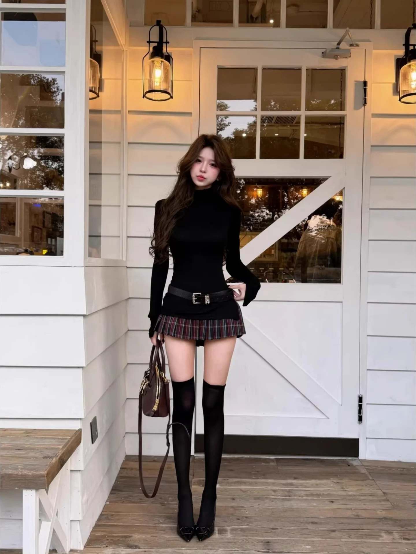Sexy Spicy Girl Set Women's Early Autumn Korean Style High Collar Long Sleeve Plaid Pleated Short Skirt Fashionable Ensemble