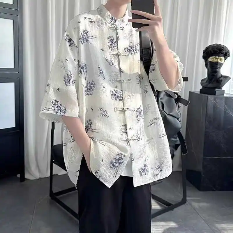 

New Chinese Sle ort Sve irt Men's Summer Thin Faion f Sve irt Button up Casual Loose Fit Floral Print