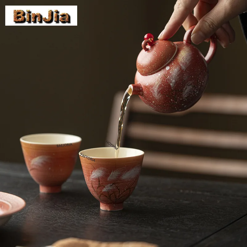 BAEJORIA Hand-painted Sunset Reed Travel Tea Set Kit Creative 1 Pot 3 Cups Tea Maker Organizer Portable Outdoor Stock Bags