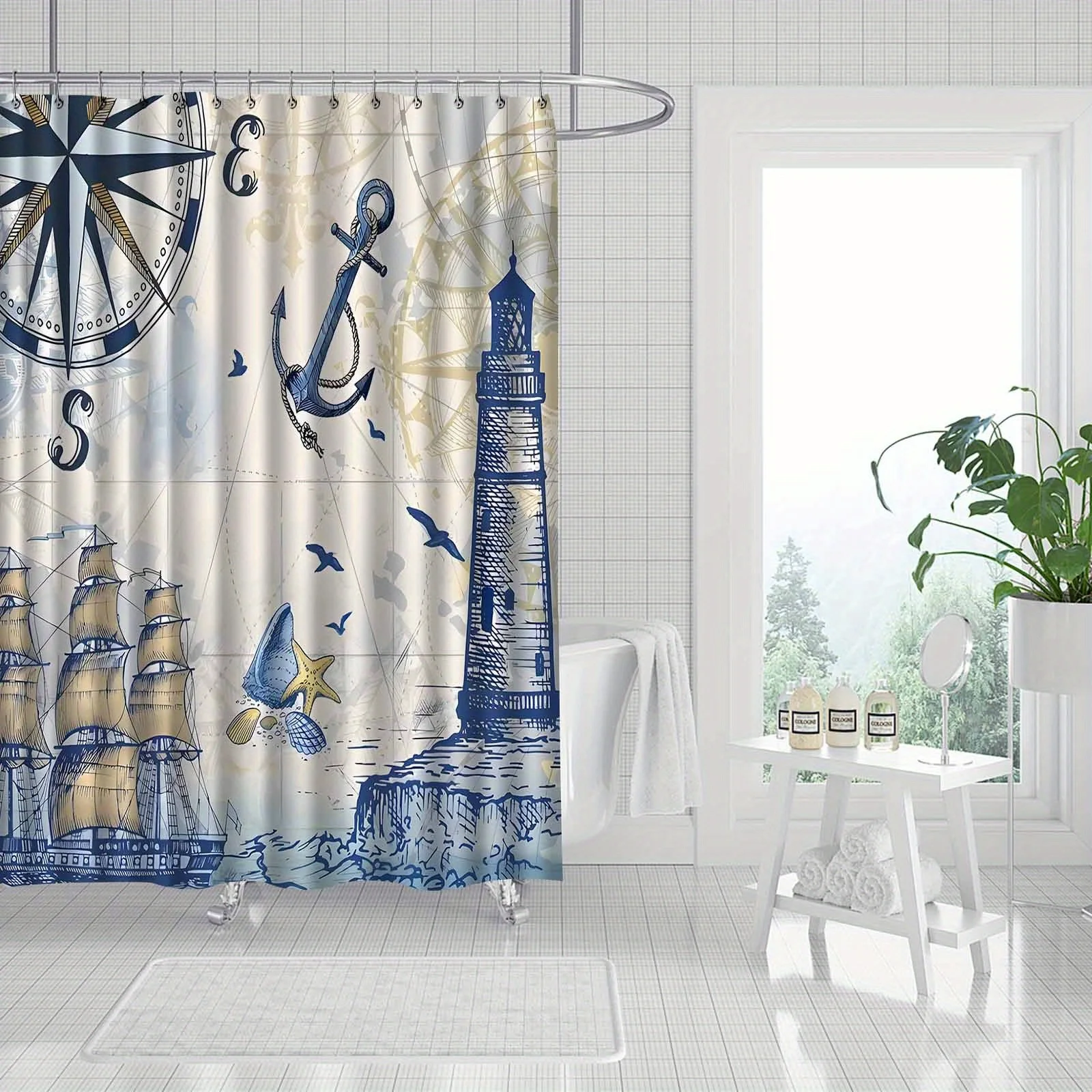 Jit1pc Navigation-Themed Shower Curtain Featuring a Lighthouse, Anchor, Compass, And Ship Design, Perfect for an Upscale And Sty