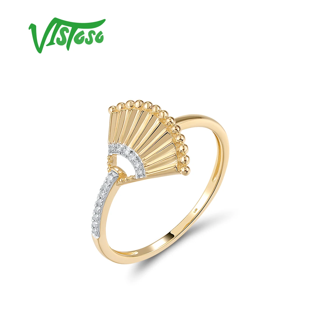 

VISTOSO Pure 14K 585 Yellow Gold Ring For Women Sparkling Diamonds Elegant Fan Shape Wedding Anniversary Bride Fine Jewelry