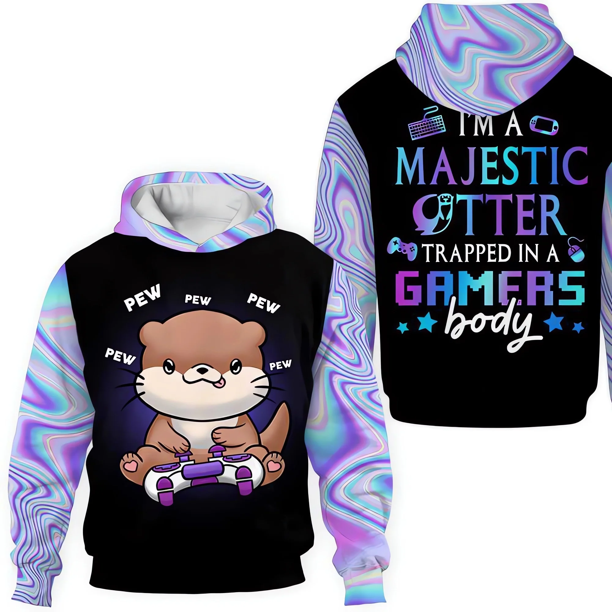 

Funny Otter Gamer Hoodies Pretty Colorful Gradient Splicing 3D Printed Hoodies Coats Casual Sportwear Men Clothing Dropshipping