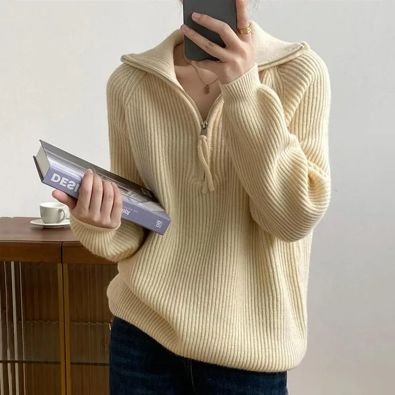 Women Autumn Winter Loose Long Sleeve Knitted Sweater Korean Fashion Half Zipper Turn-down Collar Pullover Sweater Casual Tops