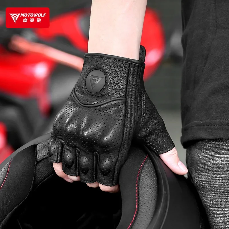 Motowolf Summer Motorcycle Riding Gloves Men Black Half Finger Retro Breathable Genuine Leather Anti Drop Perforated Gloves