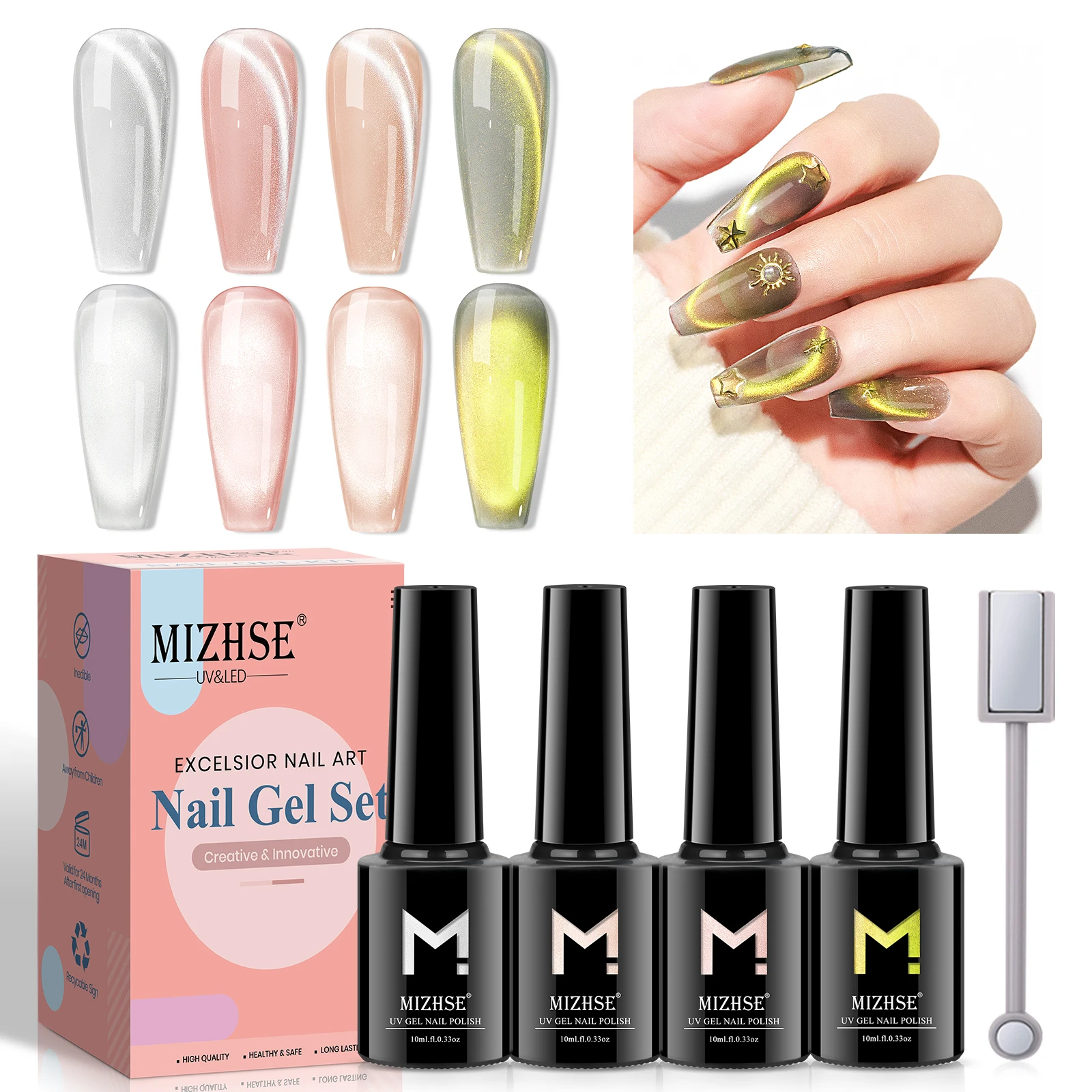 MIZHSE-Ensemble de Verhéritage à Ongles Gel en Poudre Magnétique, Effet Œil de Chat Multiple, Semi-continu, pour Salon de Manucure, 4 Pièces