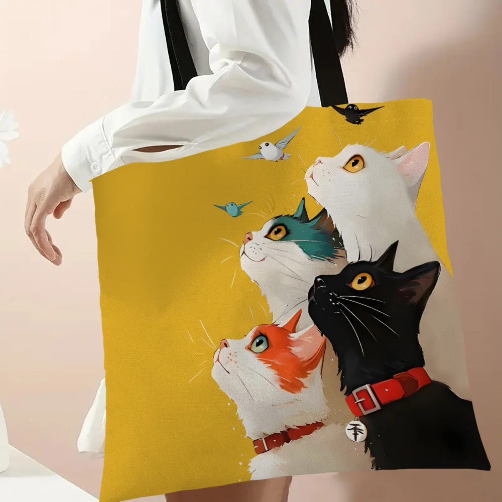 1 Stück gestapelte Katzenhandtasche, wiederverwendbare modische Handtasche, multifunktionale Handtasche, bedruckte Einkaufstasche aus Segeltuch – Detail 1