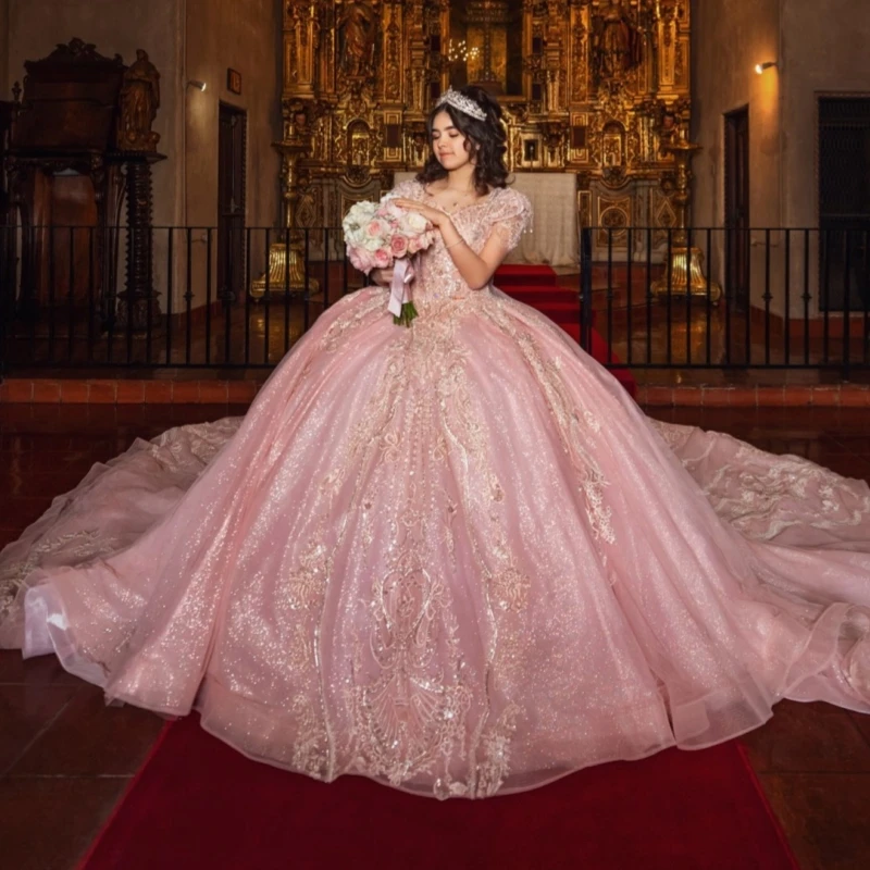 

Pink Shiny Ball Gown Quinceanera Dresses Sequin Applique Lace Beading Crystal Corset Tull Off Shoulder Sweet 16 Dress Vestidos