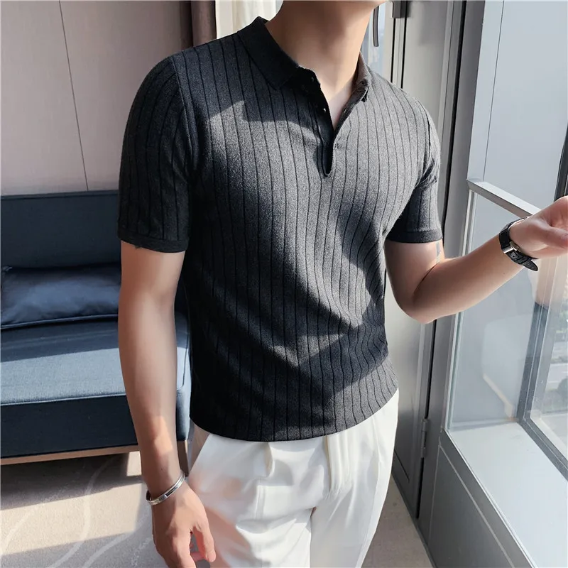 British Style Summer New Vertical Stripes Men Polo Shirt Short-Sleeved Slim Fit Lapel Stretch Knitted T-shirt Plus Size 4XL-M