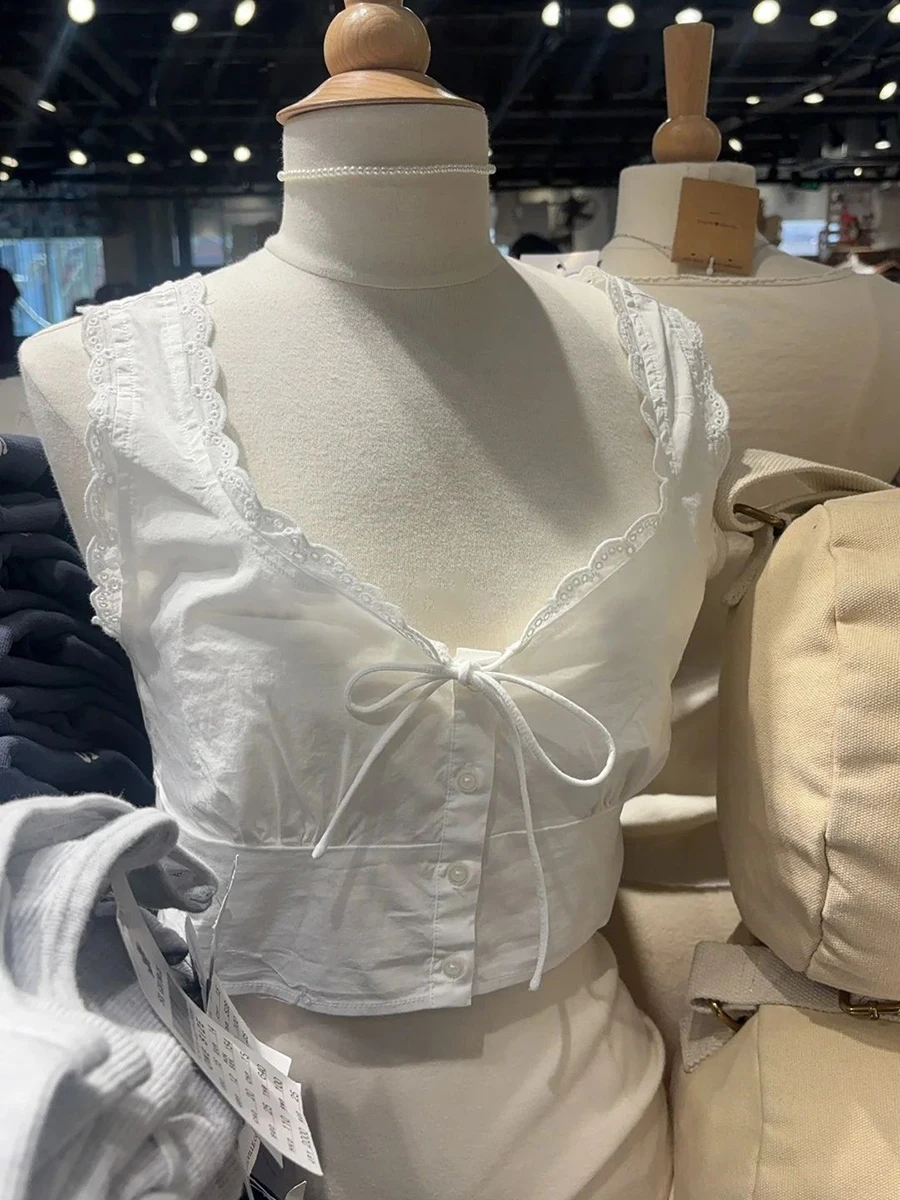 

White Lace Trim Sleeveless Crop Top Women Lace-up V-neck Single Breasted Short Camis Summer Sweet Simple Casual Tank Top Y2k New