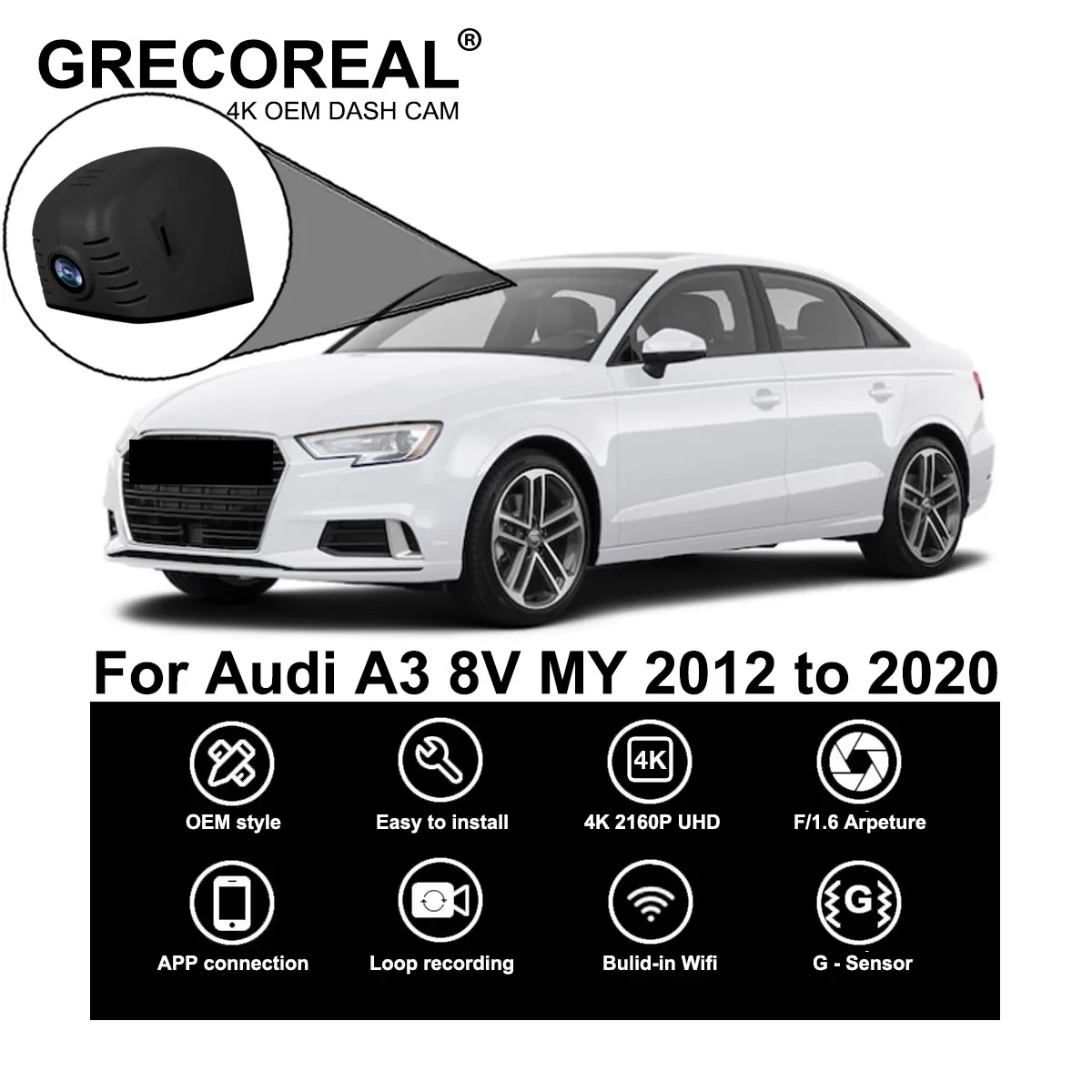 

GRECOREAL 4K Dash Cam Front and Rear 2160P WiFi Car Dual Dashcam APP Control Easy Install Plug Play Compatible with Audi A3 8V