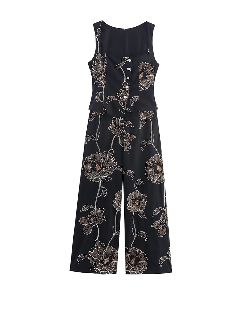 

Women Floral Embroidery Black Jumpsuits Summer Tank Sleeveless Square Collar Wide Leg Jumpsuit