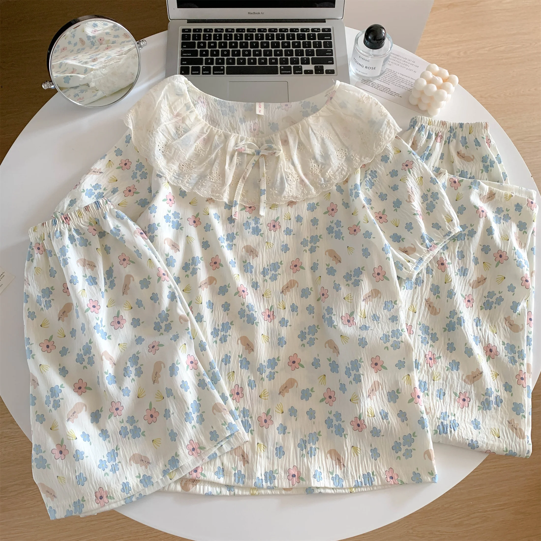 Lace Round Lapel Short Sleeve Women Pajamas Set Summer Sweet Floral Print Nightwear Cloud Cotton Female 3 Piece Pyjamas Suit