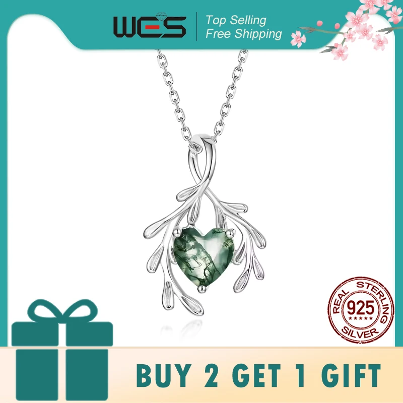 

WES 925 Sterling Silver Natural Moss Agate Pendant Necklace for Woman Unique Boho Leaf Branch Jewelry Engagement Gift Wholesale