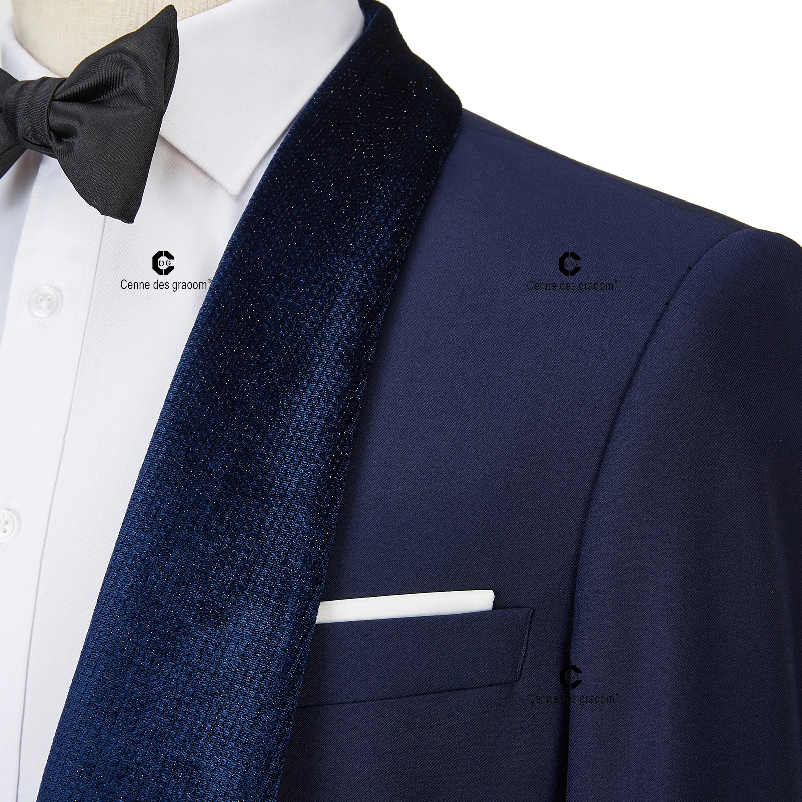 Cenne Des Graoom 2022 Nieuw Ontwerp Marineblauw Glanzend Fluwelen Revers Pakken Voor Mannen GiftWedding Party Blazer Vest Broek 3-delige Set