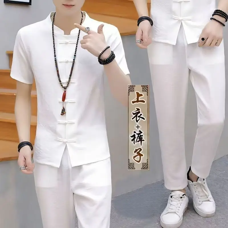 

Рубашки + брюки, лето 2025 г., хлопковые мужские повседневные комплекты с короткими рукавами, мужские модные брюки и рубашки в китайском стиле для мужчин