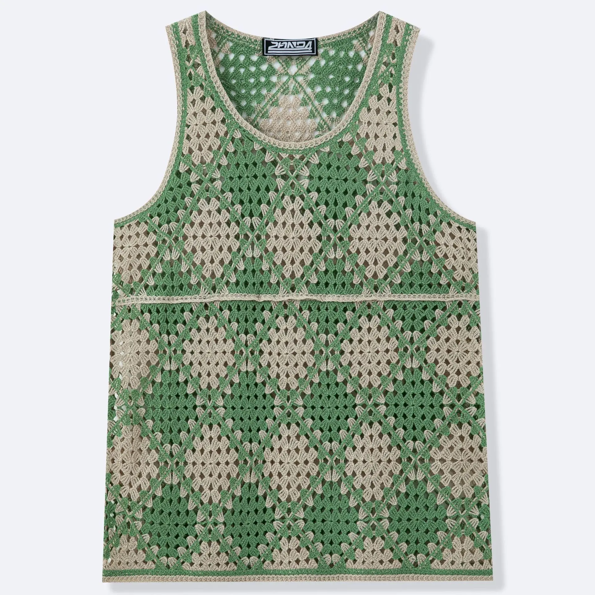 Men's Green Apricot Contrasting Rhombus Pattern Hollow Knitted Vest Water-soluble Linked Sleeveless Top