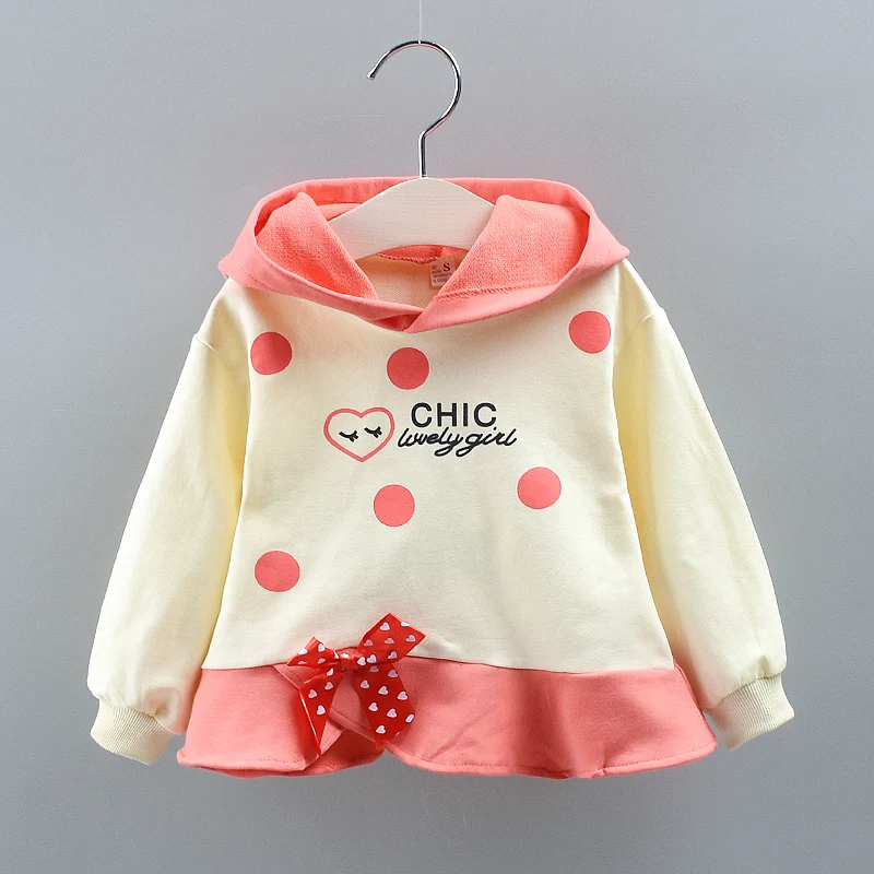 Baby Girl Clothing Spring And Autumn Season Polka Dot Bow Hooded Girls' Top Cute Cotton Hooded Girls' Hoodie ﻿