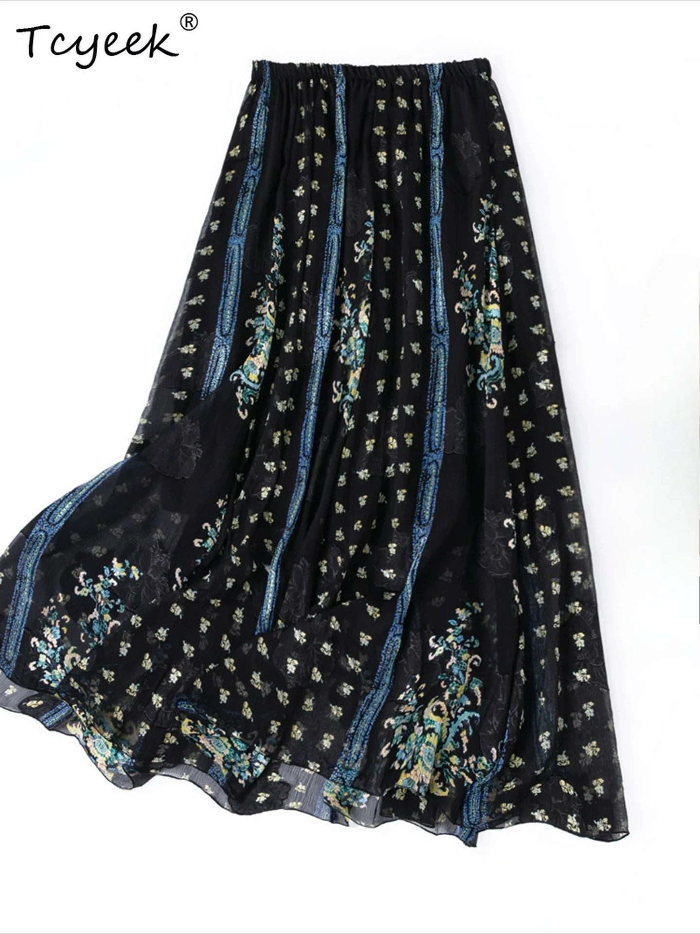 

Tcyeek 100% Real Mulberry Silk Womens Skirts Elegant Skirt for Woman Summer Clothes Beach Skirt Print Elastic Waist Jupe Femme
