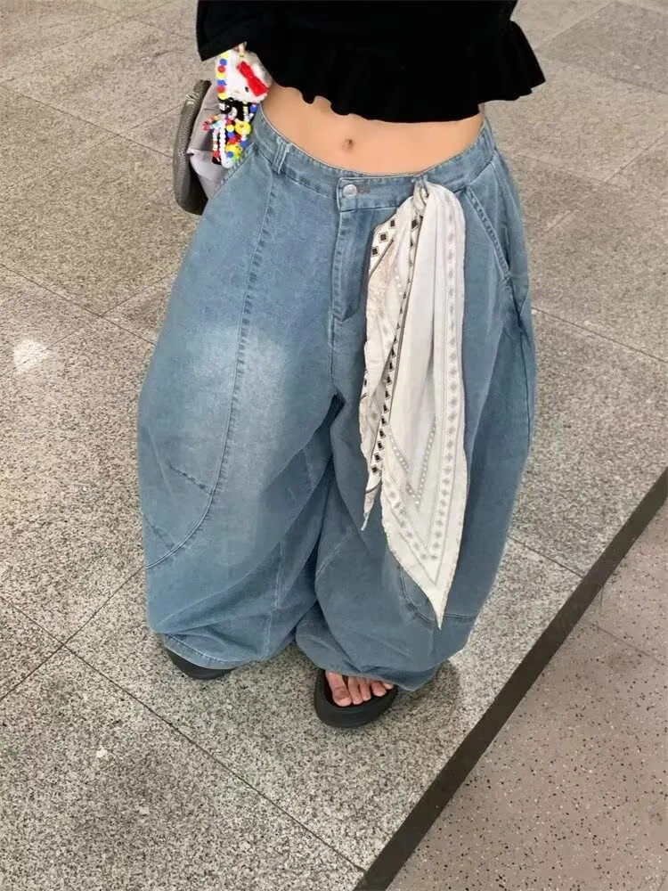 

American Hip-hop Retro Loose Jeans Female Y2K Harajuku High Waist Wide Leg Pants Gothic Pants Street Pant Male Gift Handkerchief