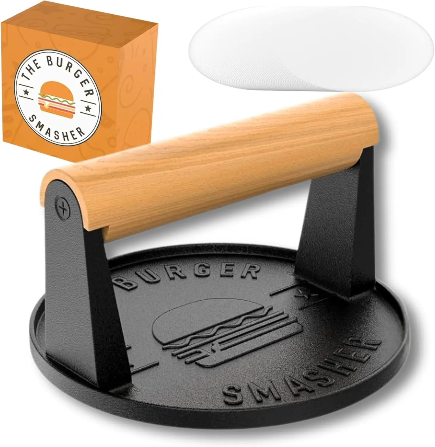 

Pre-Seasoned Cast Iron Burger Press Kit - Heat Resistant Griddle Smasher for Burgers, 30 Patty Papers