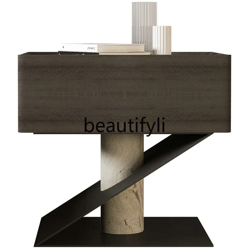 

Solid wood bedside table, Italian minimalist bedroom original design natural marble side cabinet