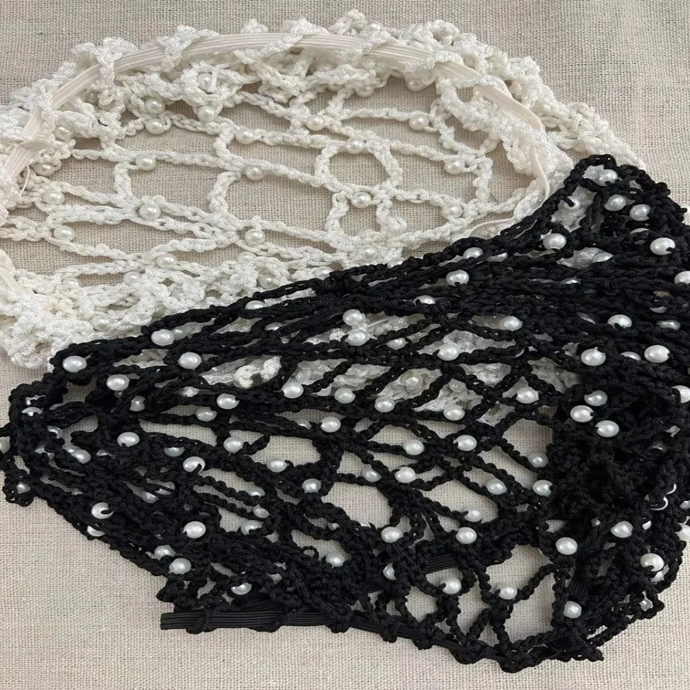 New Pearls Beads Mesh Snood Hair Net Soft Solid Color Oversize Knit Hat Rayon Crochet Hairnet Hair Accessories