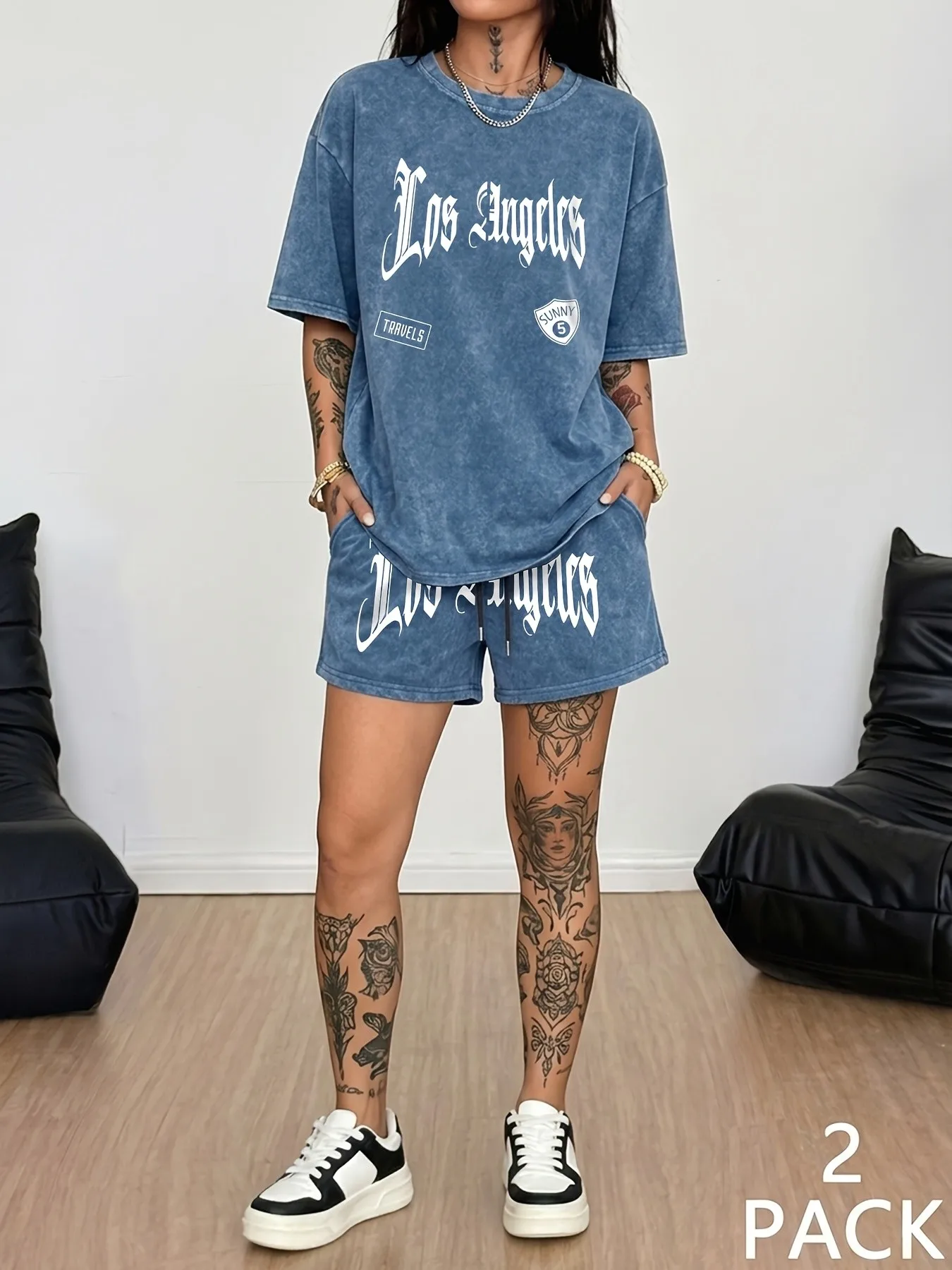 2026 Summer New Style Street Casual Fashion Retro Trend Multi-Functional Women's Short Sleeve Shorts Set with 3D Letter Pattern