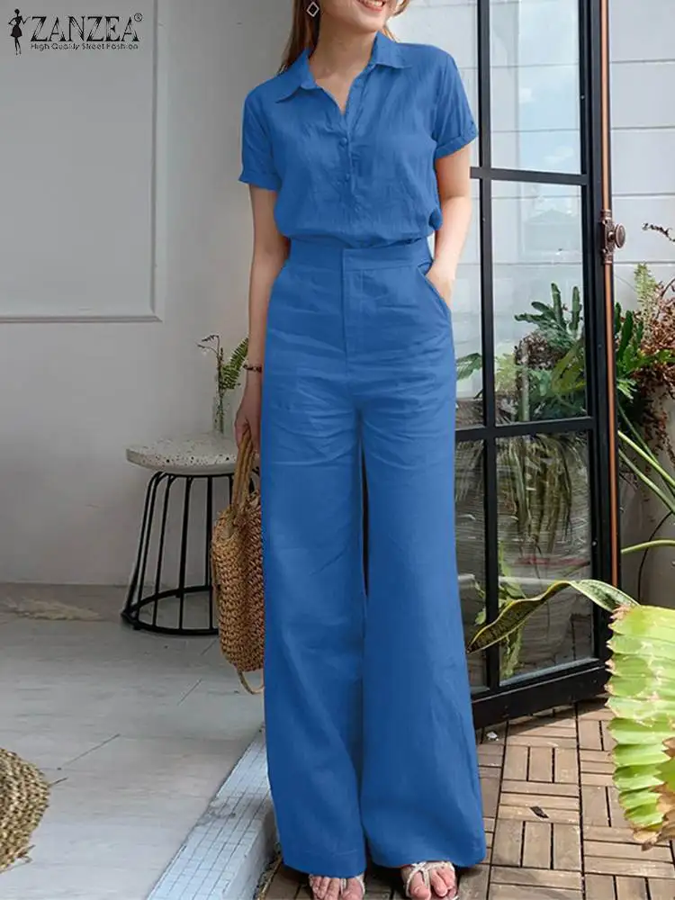 ZANZEA Summer Women Matching Sets OL Work Outfits Causal Short Sleeve Shirt Loose Wide Leg Pants Fashion Suit Urban Tracksuits