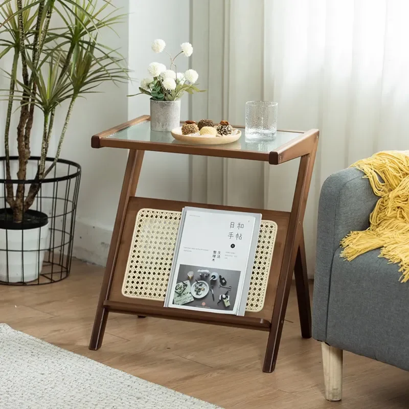 Glass Top Rattan Side Table with Storage Bohemian Accent Table for Small Spaces Living Room Bedroom Decor