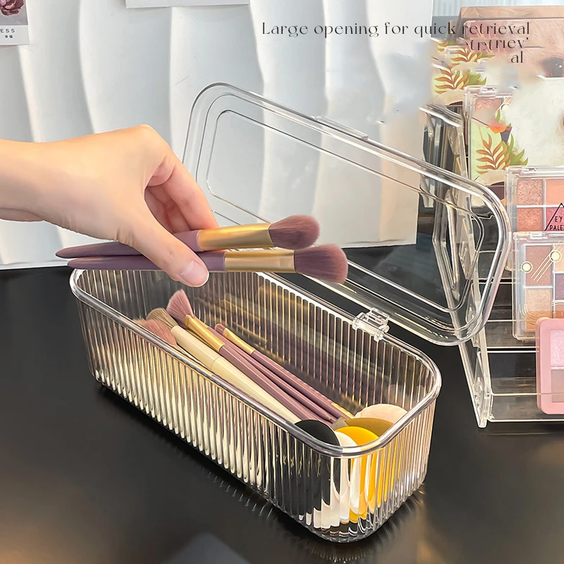 Transparent Thickened PET Flip Rectangle Makeup Brush Storage Box Home Hair Ring Jewelry Organizer Box Desktop Beauty Tool Box