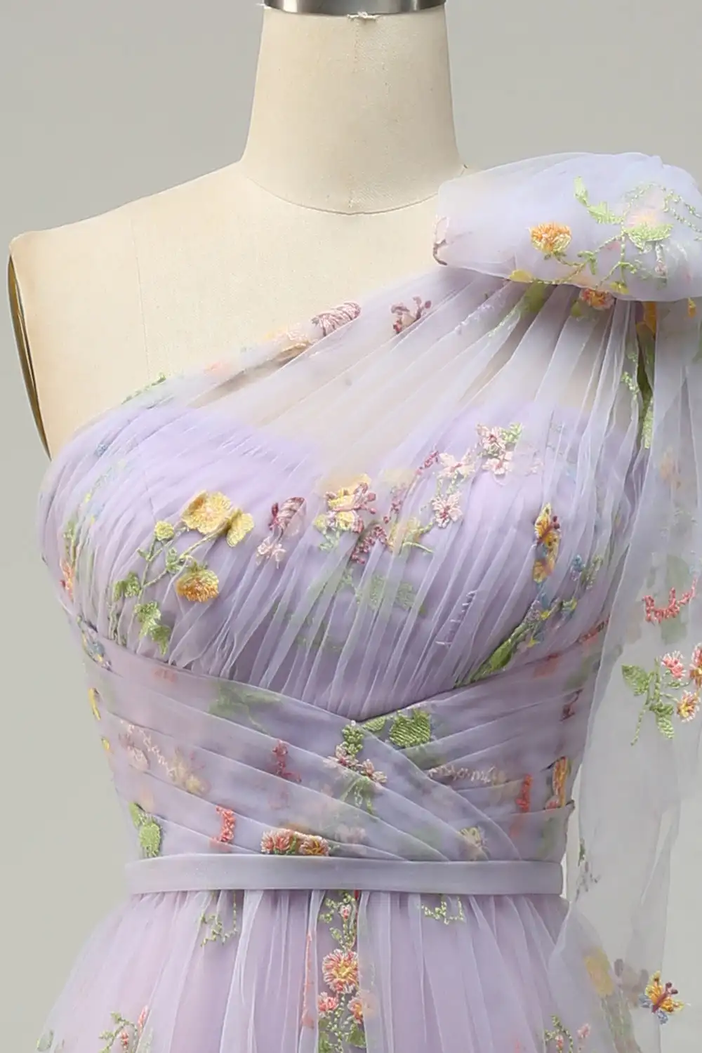 Lavender Embroidery One-Shoulder Evening Dresses With Bow Tulle Flowers Lace Ruffles Pleats Birthday Party Dress Fairy Ball Gown