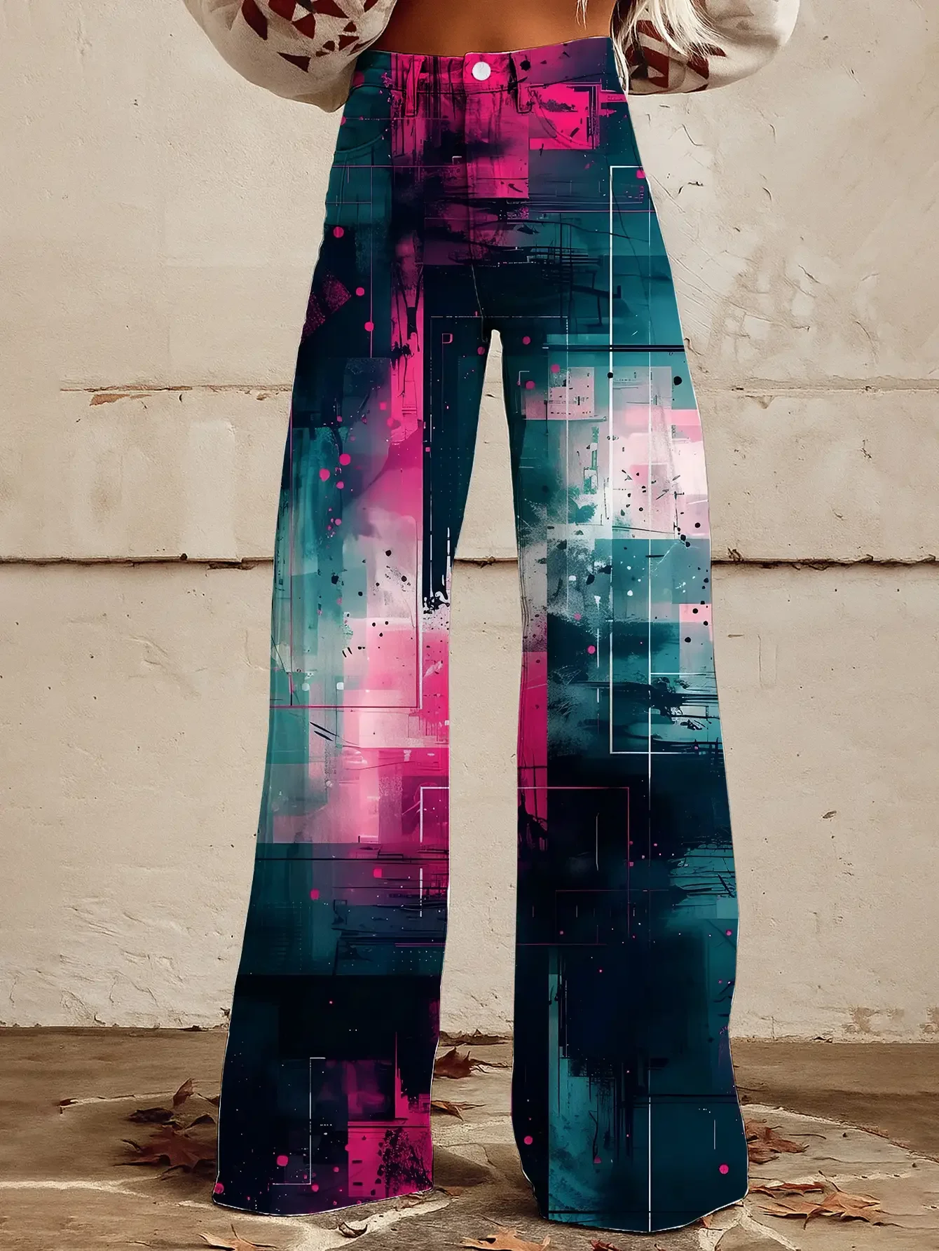 1 pair of women's denim high waisted loose flared pants, casual retro style,