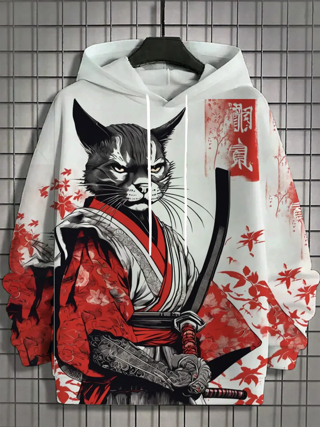 

Japanese Samurai Cat Print Hoodies For Men Fashion Oversized y2k Pullover Autumn and Winter Casual Sweatshirts Funny Street Tops