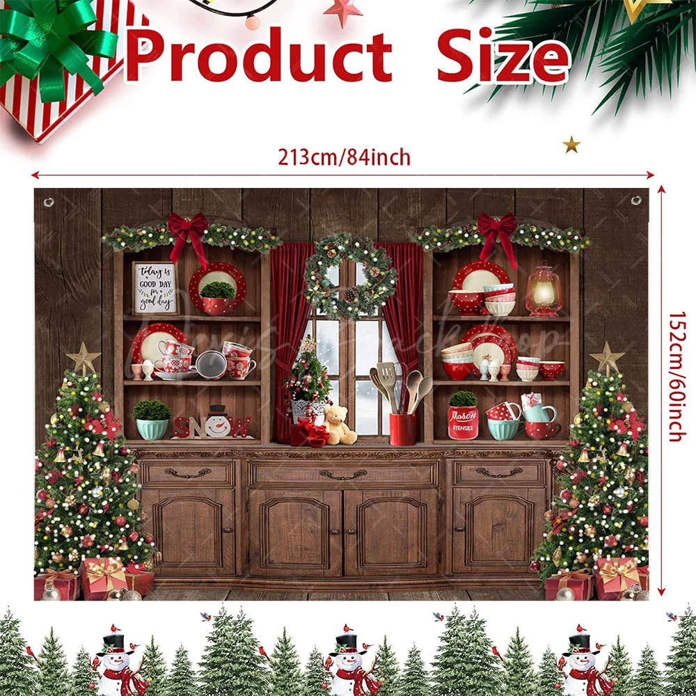 7X5FT Vintage Wood Cupboard Christmas Decoration Photography Backdrop Window Little Christmas Tree Timepiece Studio Background