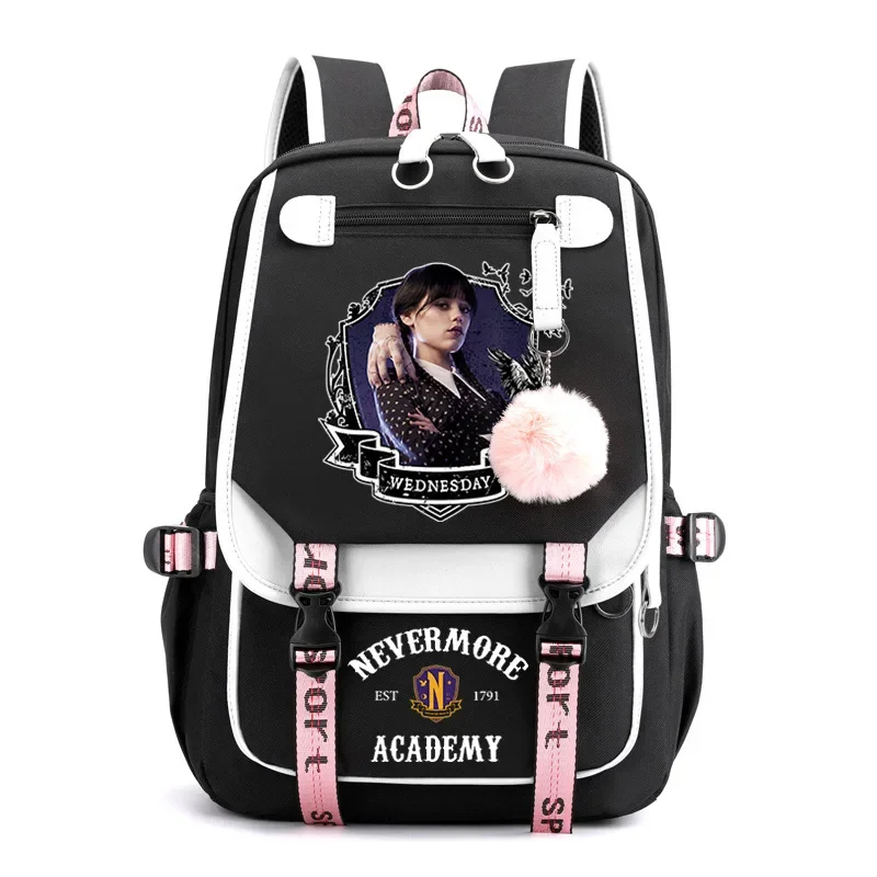 Plush Ball Schoolbag Wednesday Backpack Teenage Girls Addams Wednesday School Bags Fashion Women Bagpack Trend Students Rucksack