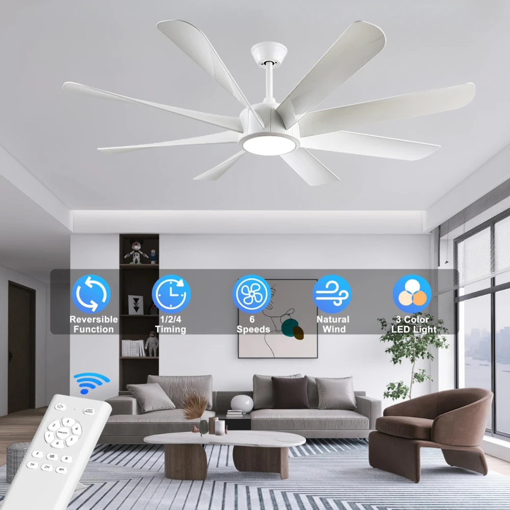 60 Inch Large Ceiling Fan and Remote 22W LED Light Reversible DC Motor ABS Fan Blades High Airflow Modern Ceiling Fan with Light