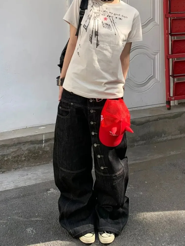 

Women’s Button-front Curved Wide-leg Jeans High Waist Vintage Hip Hop Straight Baggy Denim Pants Female Street Style Trouser
