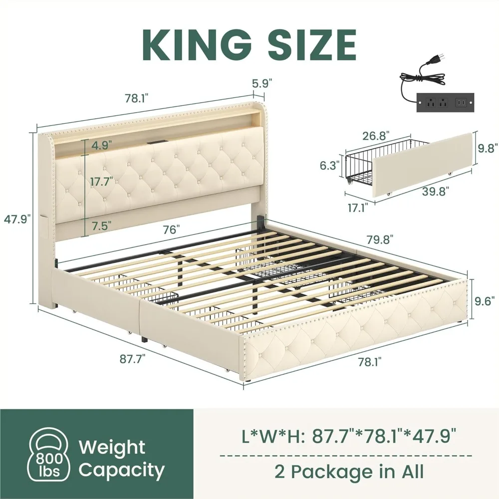 King Size Bed Frame with LED Lights & USB Charging Station, Velvet Upholstered Platform Bed with Storage Headboard and 4 Drawers