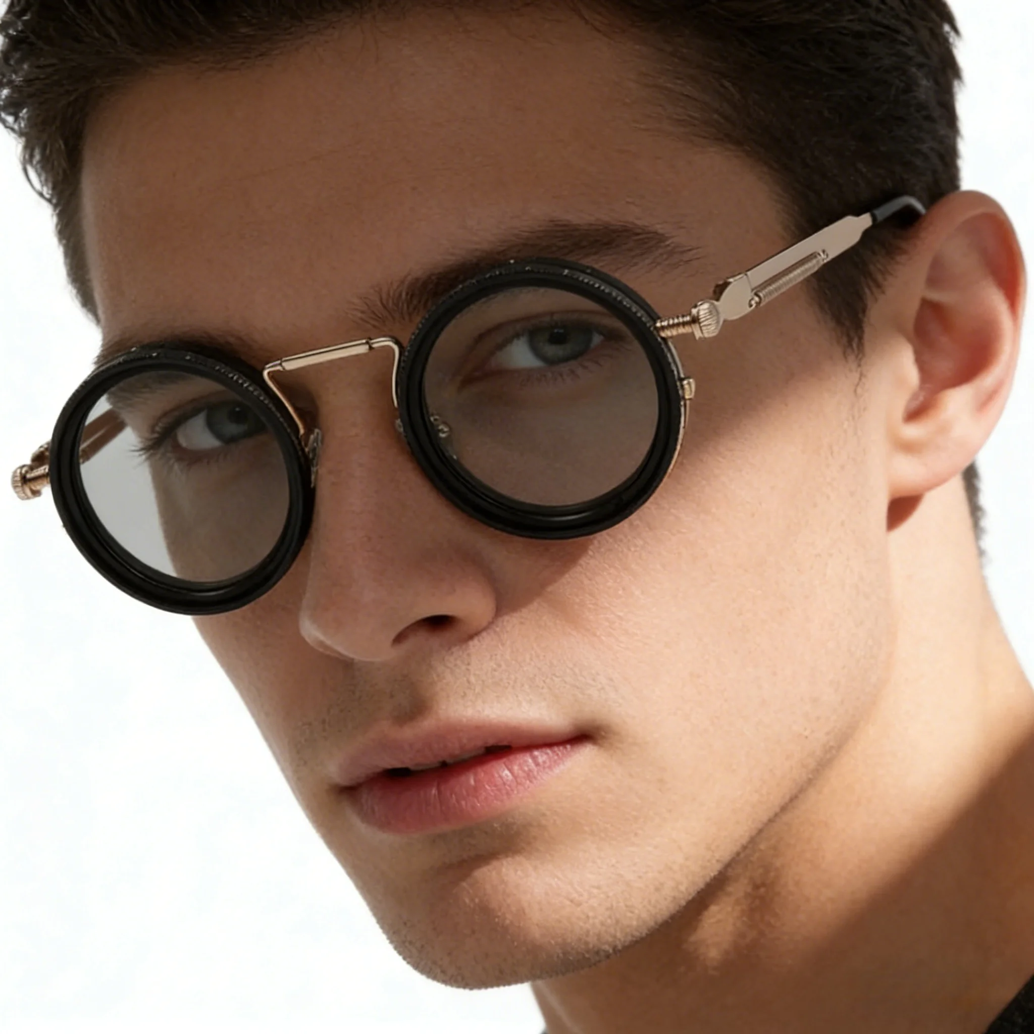 Vintage-Sonnenbrille mit rundem Rahmen und manuell verstellbaren Gläsern, ausgestattet mit robusten Scharnieren und federbelasteten Bügeln.